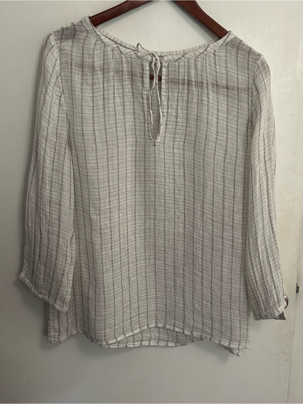 EILEEN FISHER 100% Linen Gauze Sheer Top Womens M Cream Gray Windowpane Plaid
